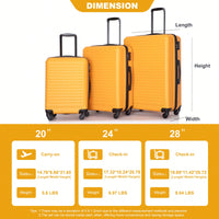 Lightweight 3-Piece ABS Luggage Set - Stylish Black Suitcases With Spinner Wheels, TSA Lock, And Hooks (20 / 24" / 28")"