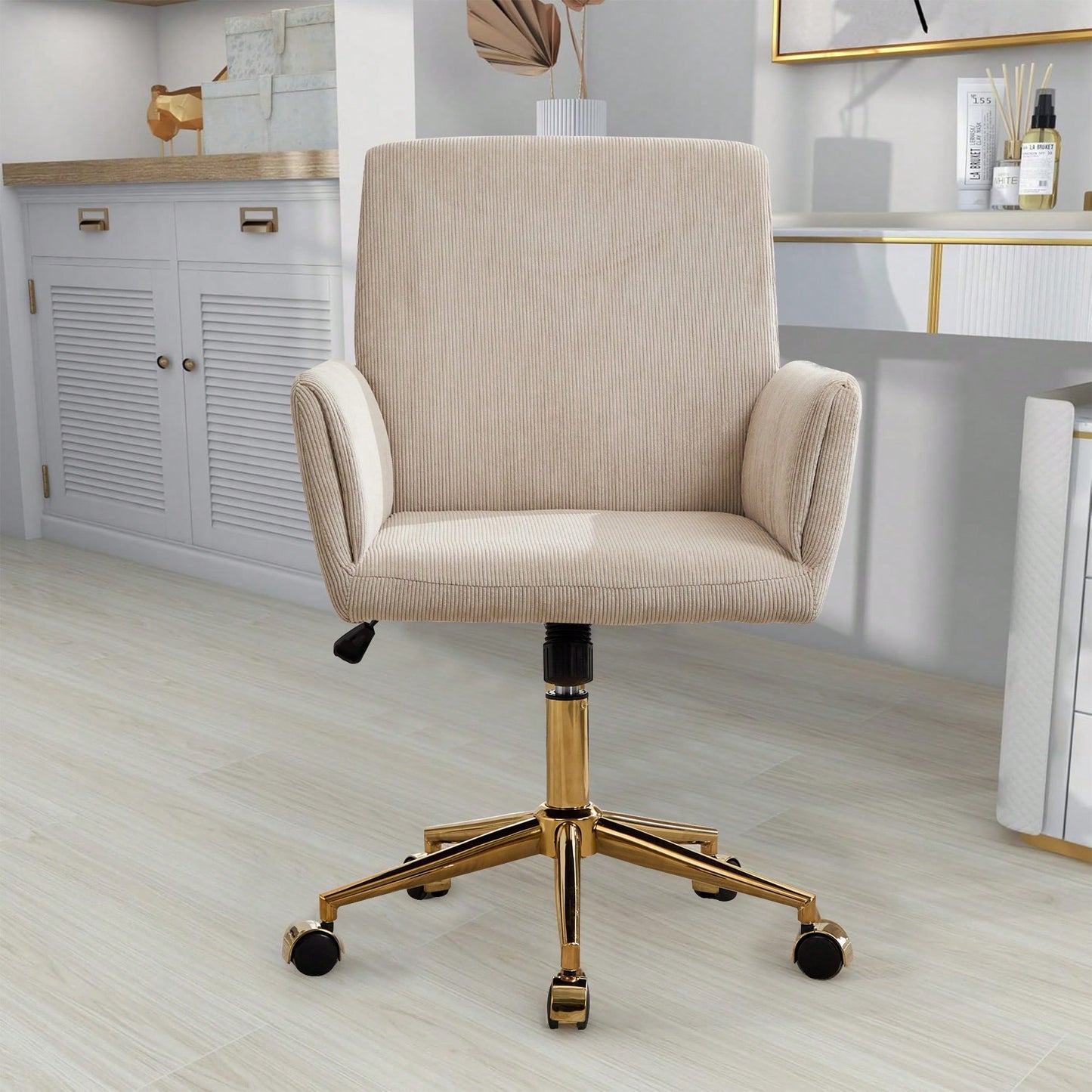 Stylish Modern Height Adjustable Ergonomic Corduroy Office Chair With Gold Base - Creamy White Leisure Armchair For Home Decor And Workspace