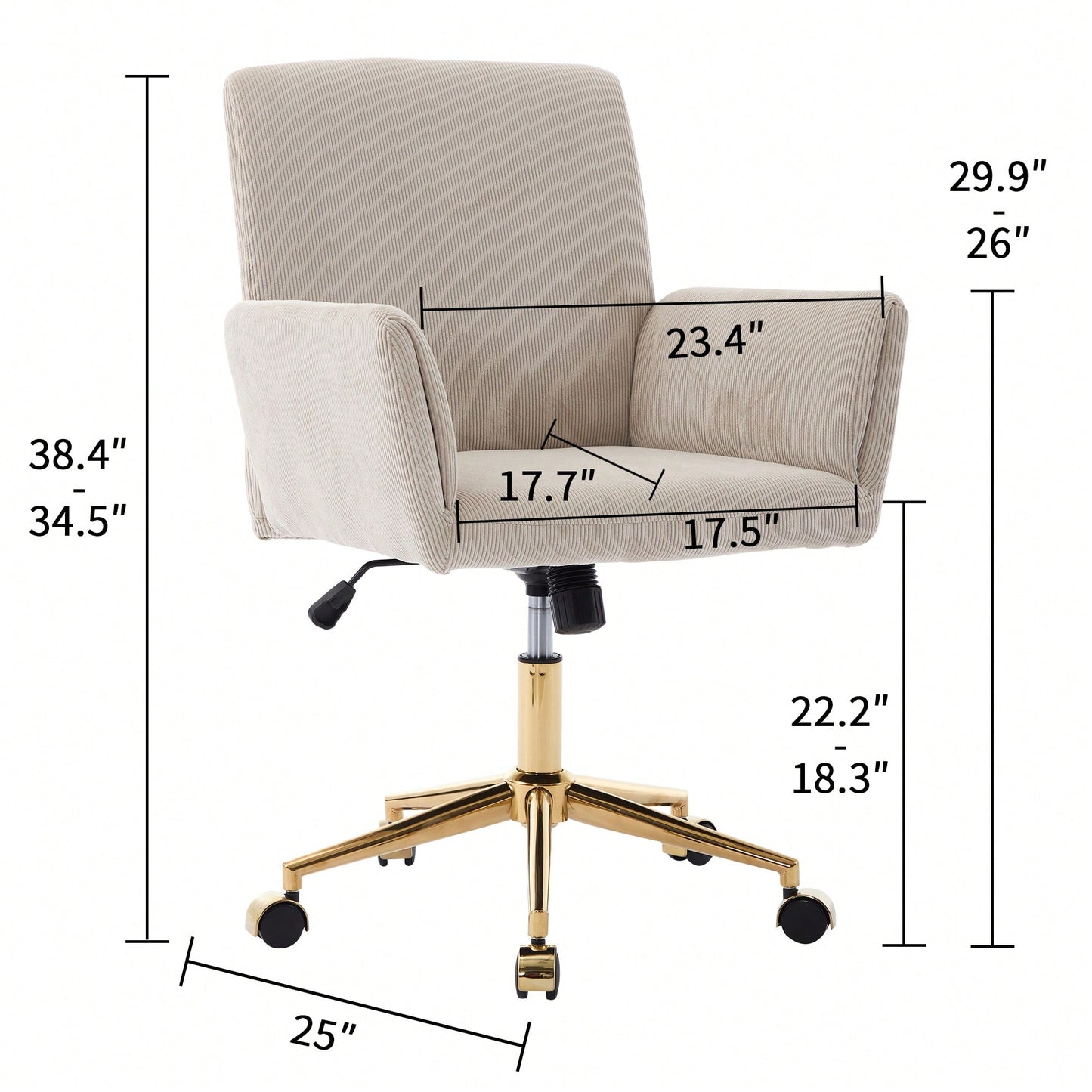 Stylish Modern Height Adjustable Ergonomic Corduroy Office Chair With Gold Base - Creamy White Leisure Armchair For Home Decor And Workspace