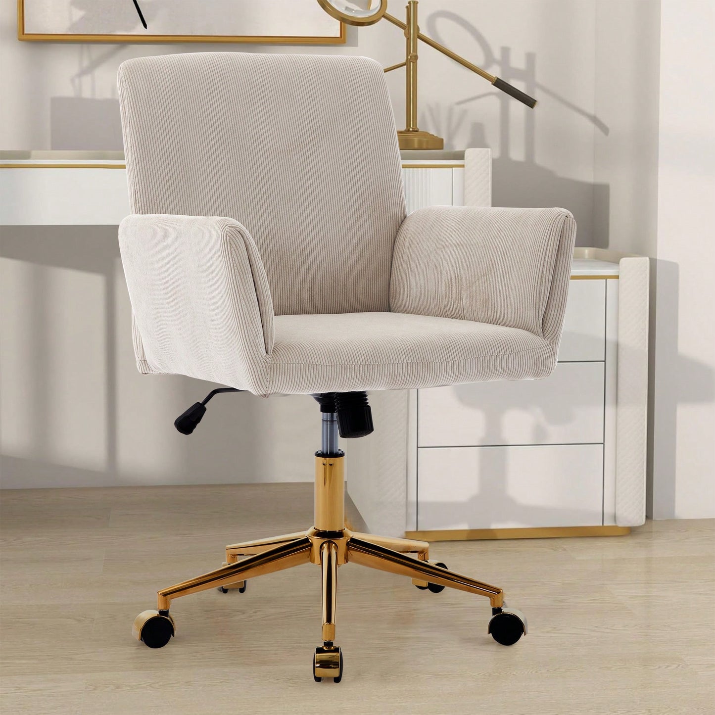 Stylish Modern Height Adjustable Ergonomic Corduroy Office Chair With Gold Base - Creamy White Leisure Armchair For Home Decor And Workspace