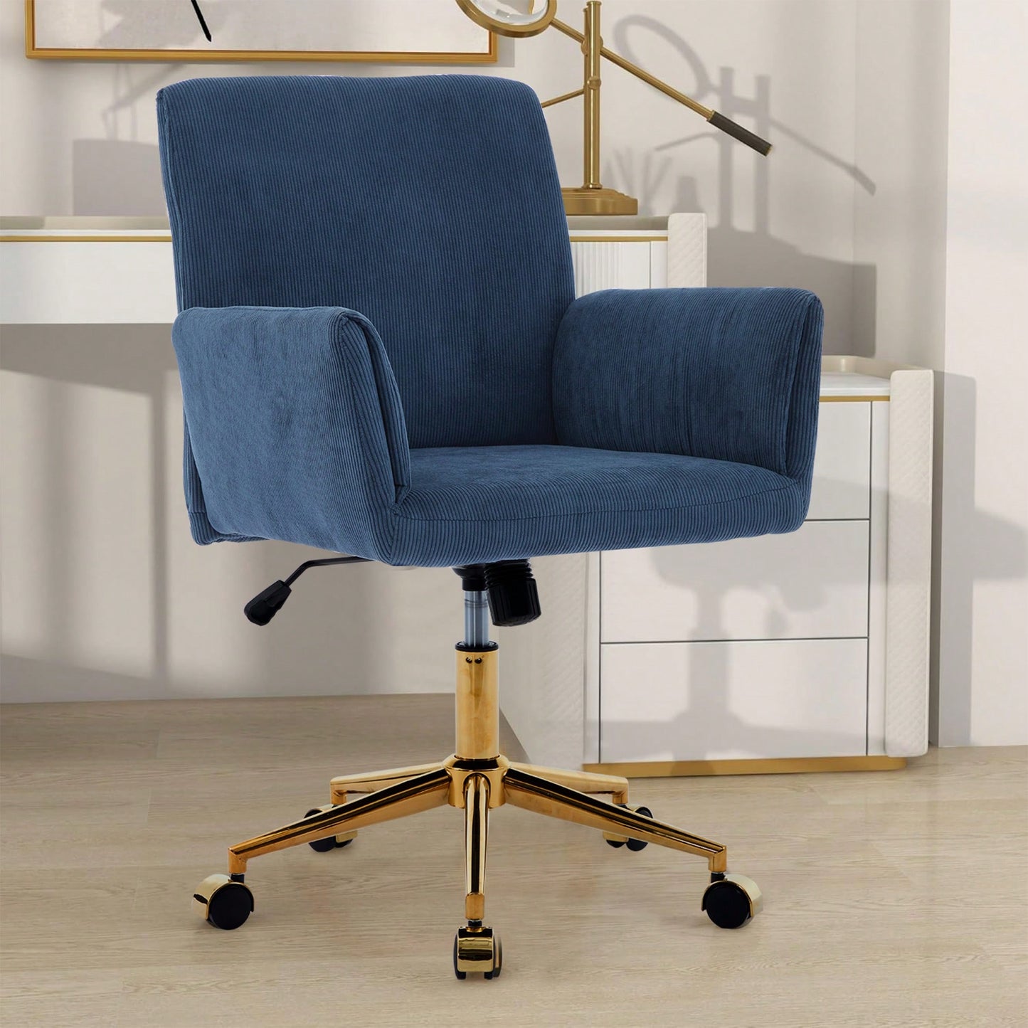 Stylish Modern Height Adjustable Ergonomic Corduroy Office Chair With Gold Base - Creamy White Leisure Armchair For Home Decor And Workspace