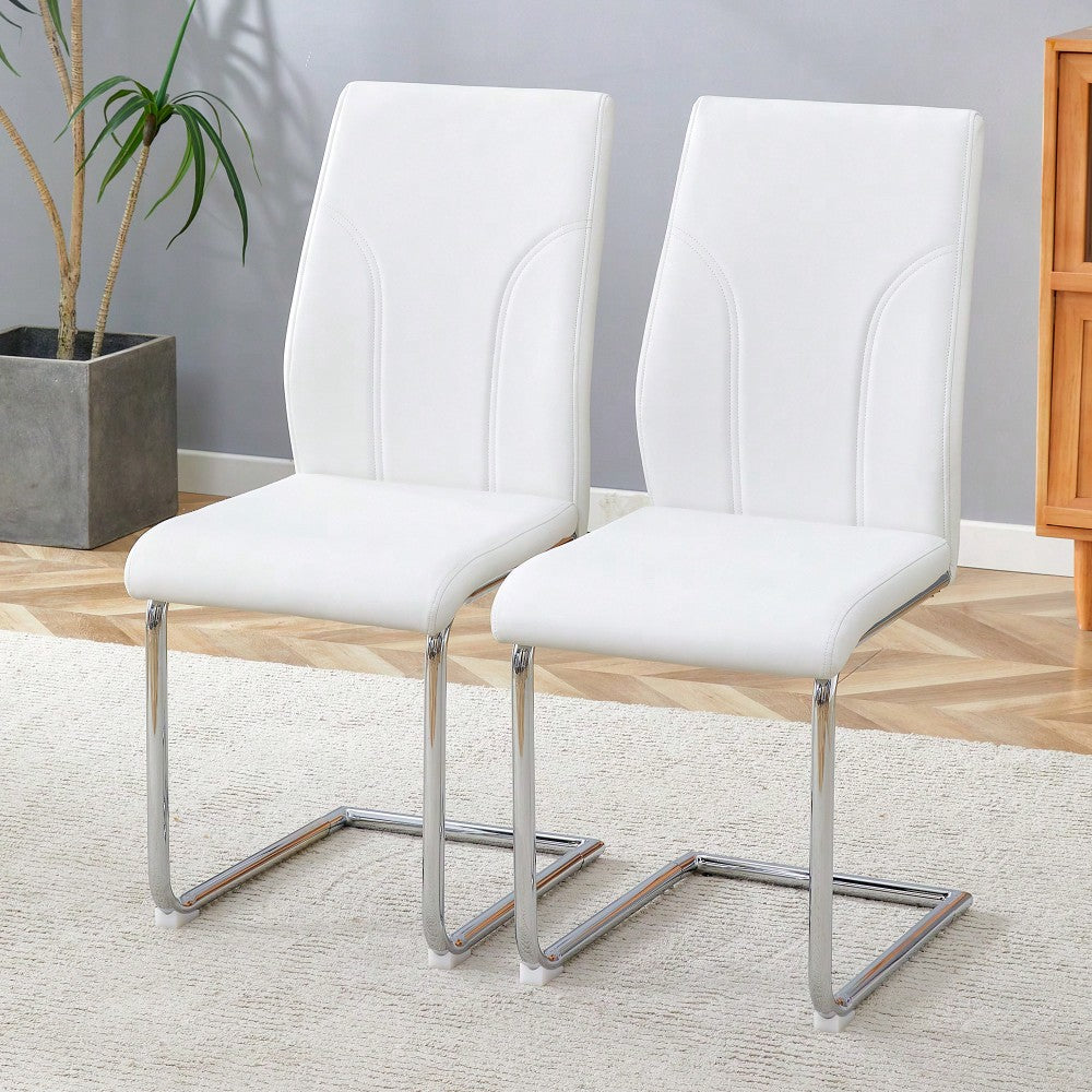 Elegant Set Of 2 High Back Dining Chairs - White PU Upholstered Seats With Sturdy Legs, Perfect For Restaurants, Kitchens, And Living Rooms