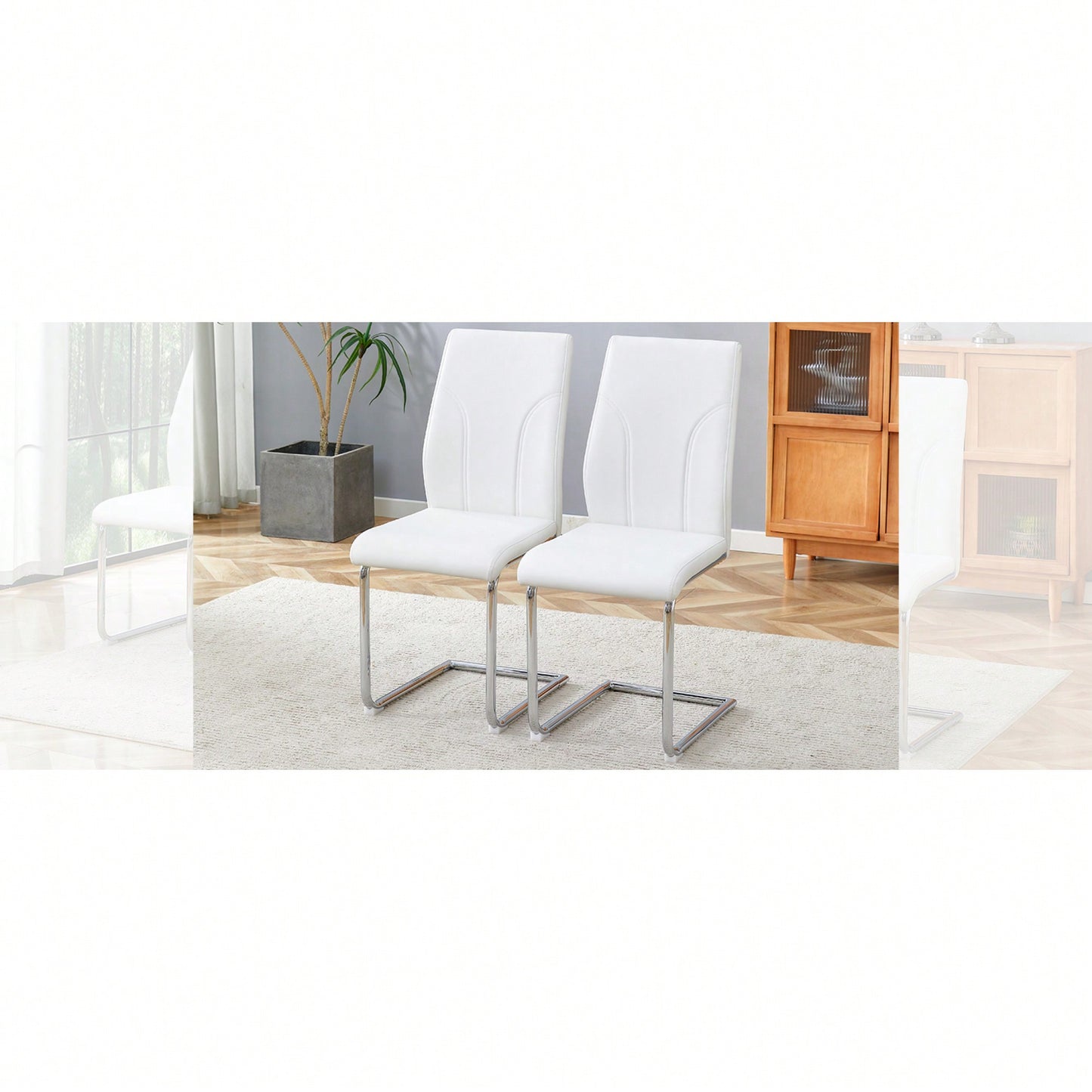 Elegant Set Of 2 High Back Dining Chairs - White PU Upholstered Seats With Sturdy Legs, Perfect For Restaurants, Kitchens, And Living Rooms