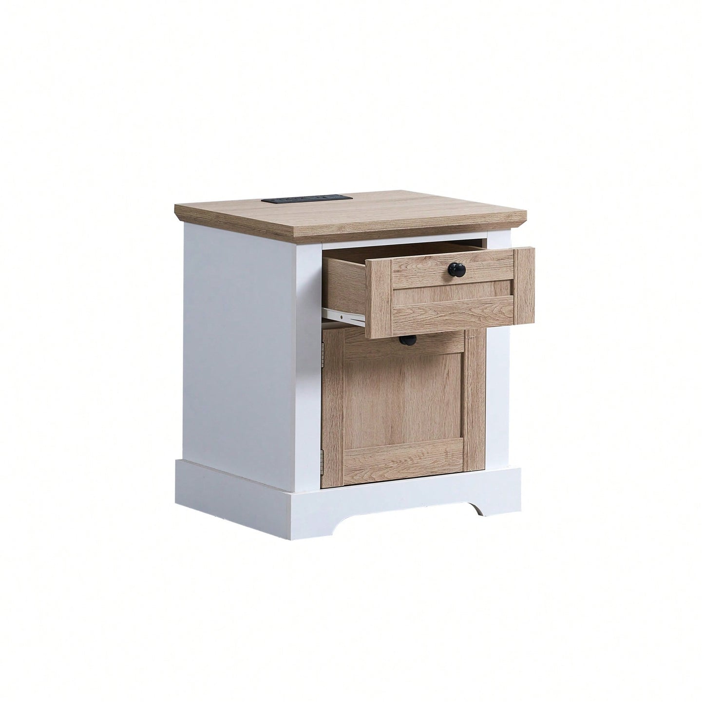 Modern White Oak Nightstand with USB and Type-C Charging Station Pre-Assembled Drawer Stylish End Table for Bedroom and Living Room