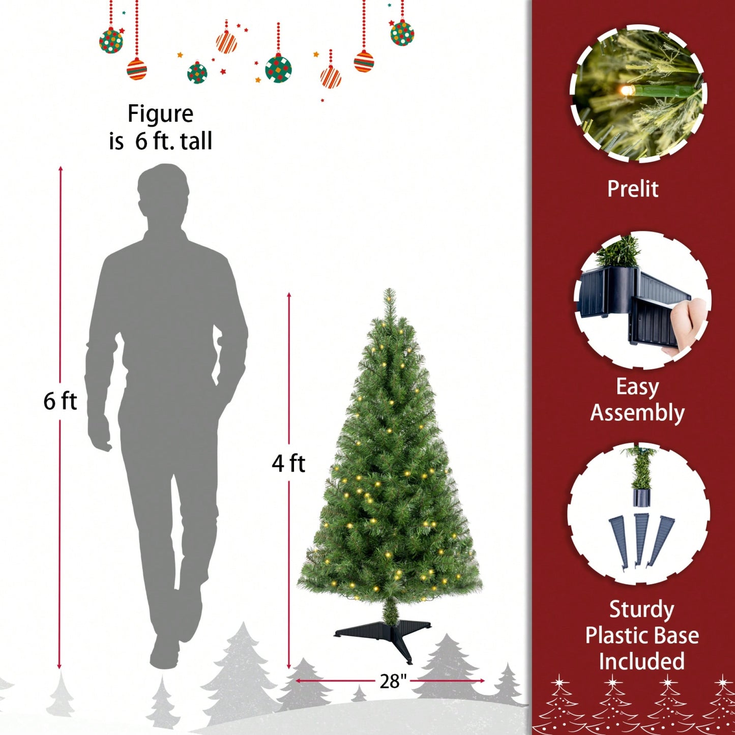 4ft Prelit Artificial Christmas Tree With 100 Warm White LED Lights, Realistic PVC Branch Tips For Easy Indoor Setup