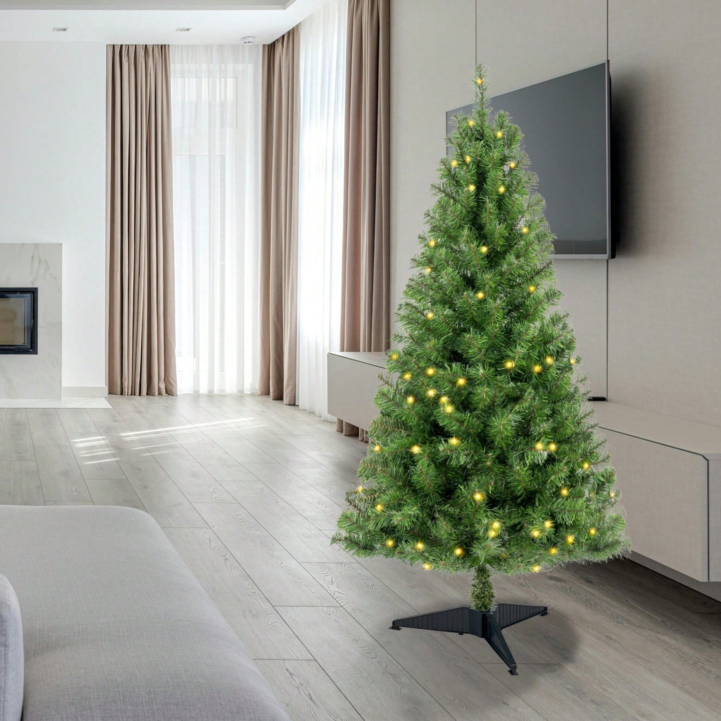4ft Prelit Artificial Christmas Tree With 100 Warm White LED Lights, Realistic PVC Branch Tips For Easy Indoor Setup