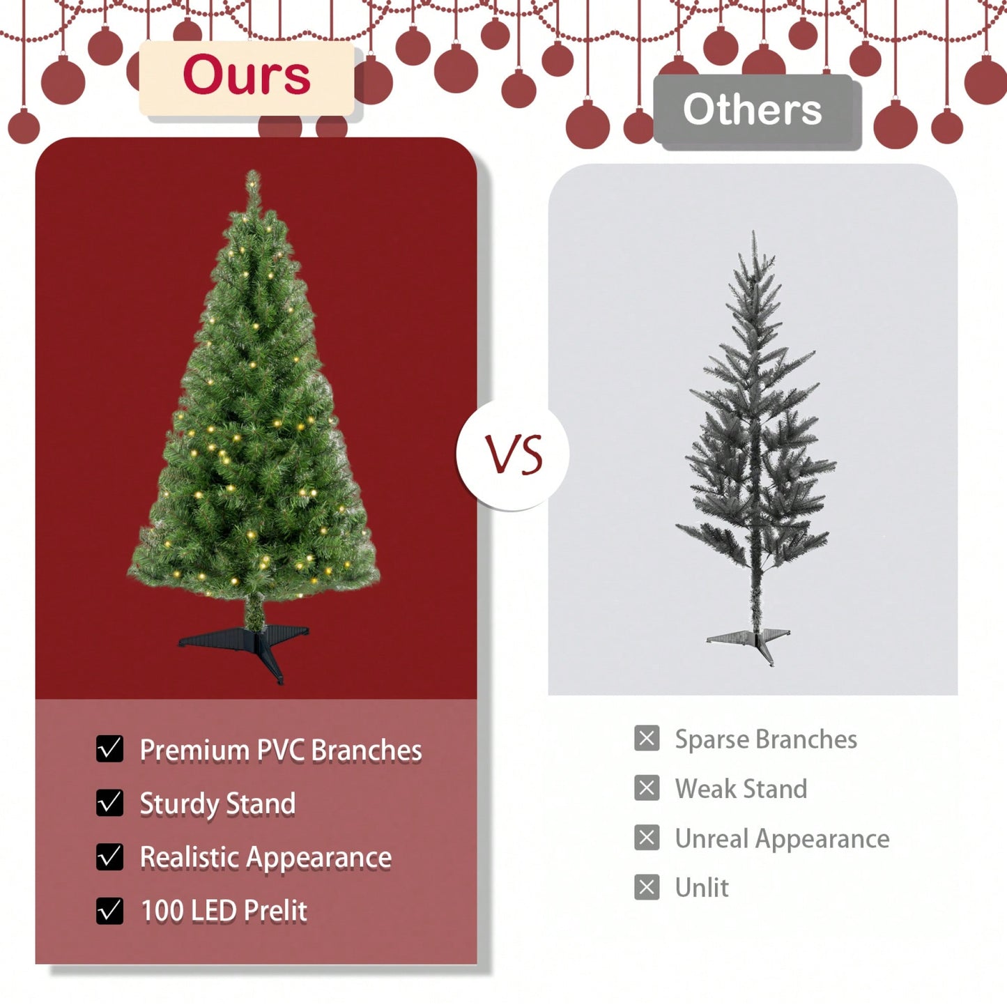 4ft Prelit Artificial Christmas Tree With 100 Warm White LED Lights, Realistic PVC Branch Tips For Easy Indoor Setup