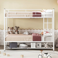 Stylish Twin Over Twin Metal Bunk Bed With Convenient Shelf And Safety Guardrails - Black Finish