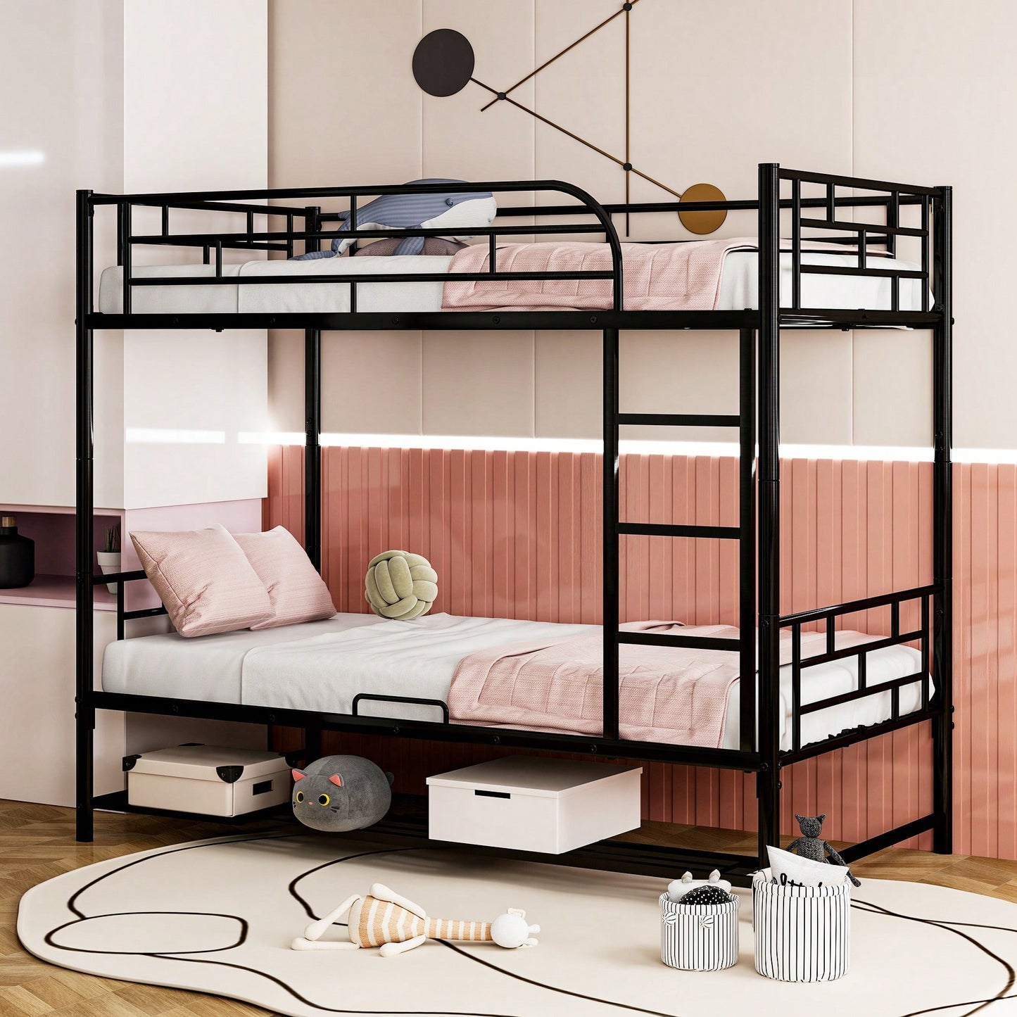 Stylish Twin Over Twin Metal Bunk Bed With Convenient Shelf And Safety Guardrails - Black Finish