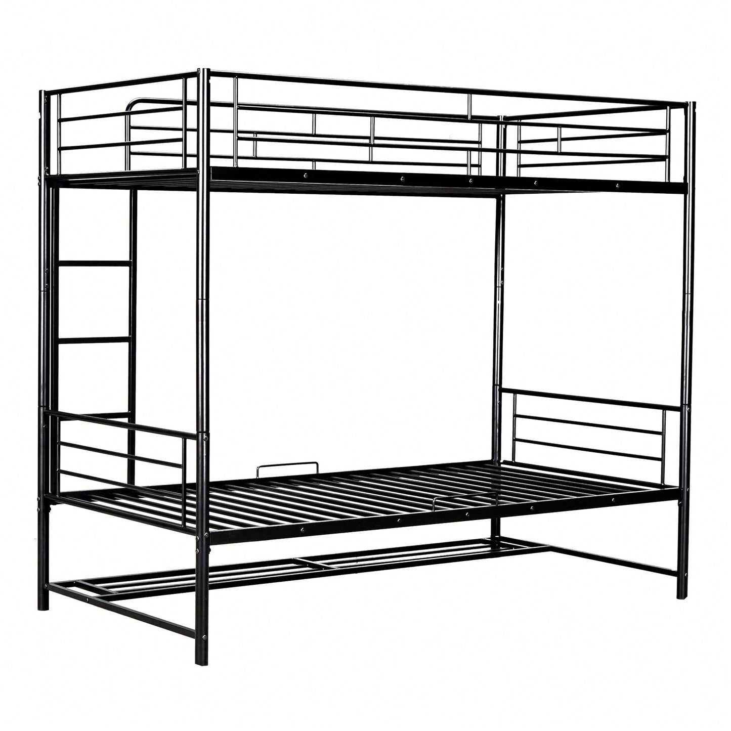 Stylish Twin Over Twin Metal Bunk Bed With Convenient Shelf And Safety Guardrails - Black Finish