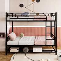 Stylish Twin Over Twin Metal Bunk Bed With Convenient Shelf And Safety Guardrails - Black Finish