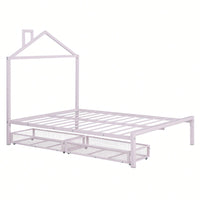 Stylish Full Size Metal Platform Bed With Storage Drawers And House-Shaped Headboard In White