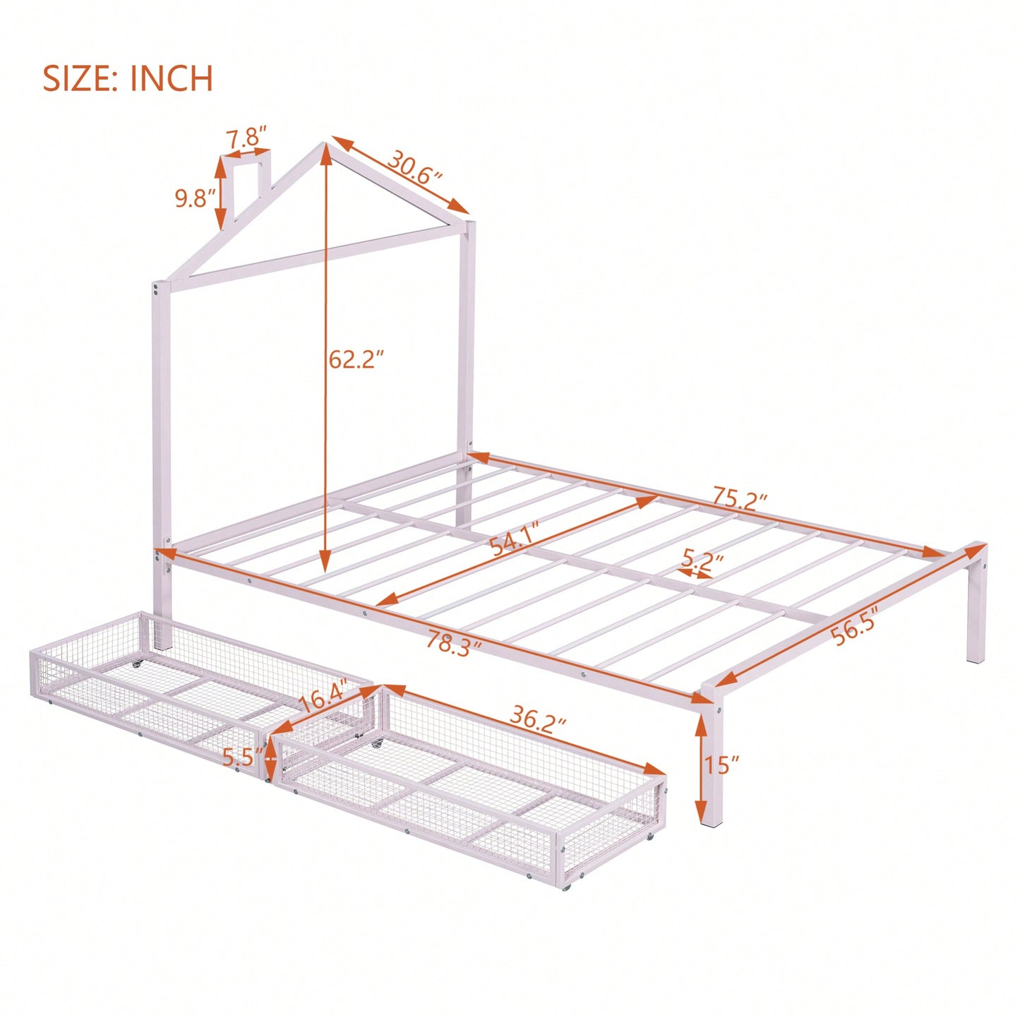 Stylish Full Size Metal Platform Bed With Storage Drawers And House-Shaped Headboard In White