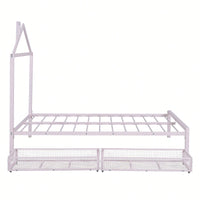 Stylish Full Size Metal Platform Bed With Storage Drawers And House-Shaped Headboard In White