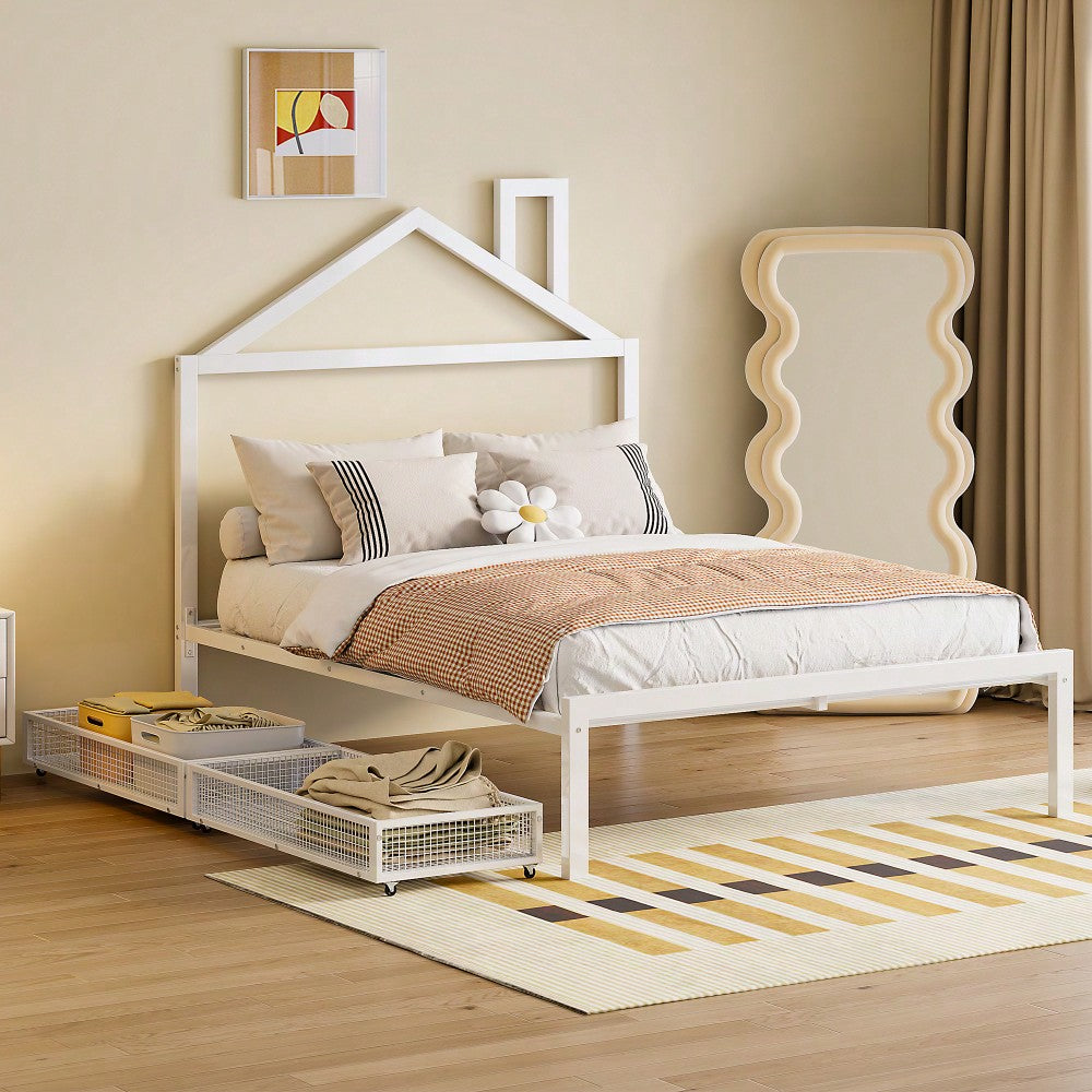 Stylish Full Size Metal Platform Bed With Storage Drawers And House-Shaped Headboard In White