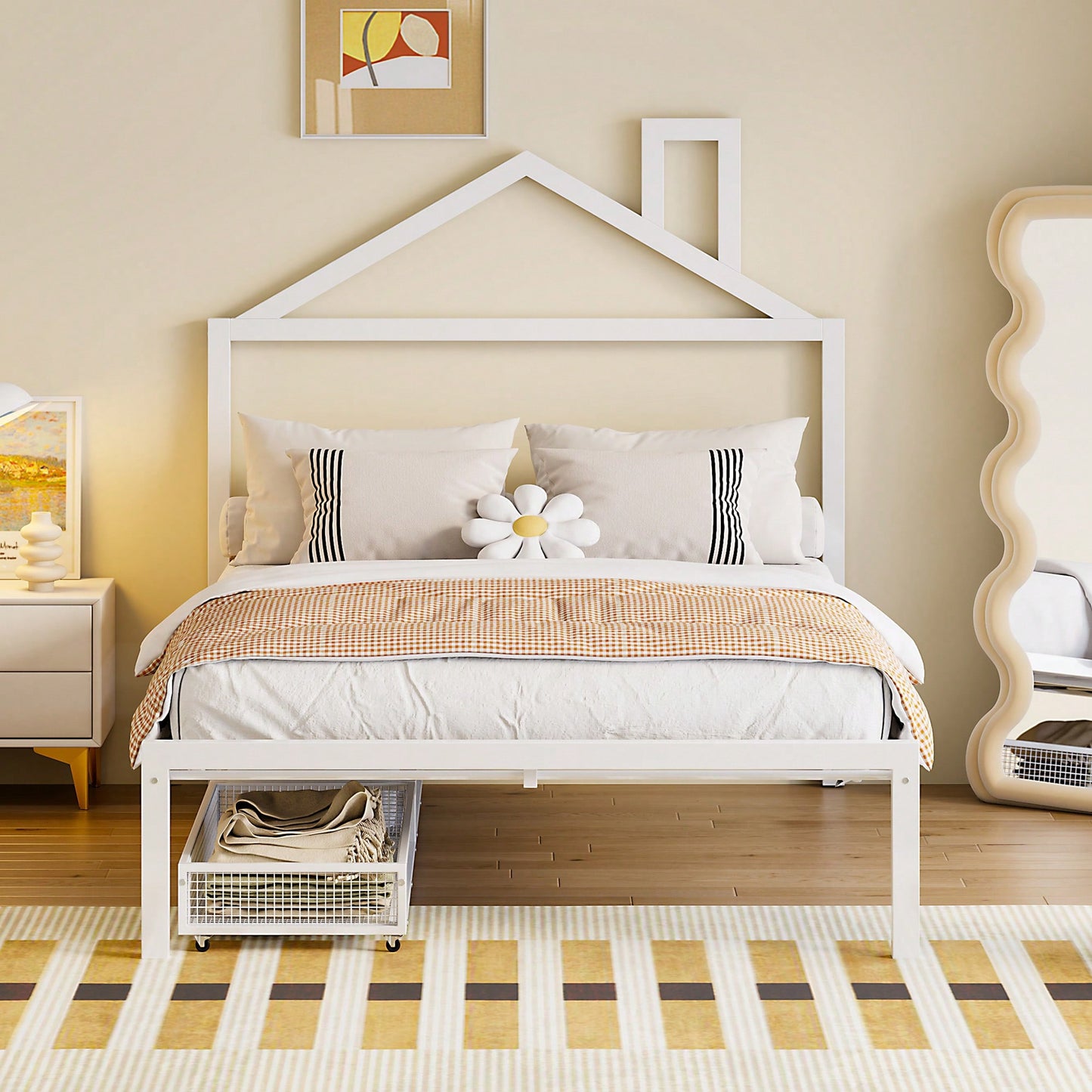 Stylish Full Size Metal Platform Bed With Storage Drawers And House-Shaped Headboard In White