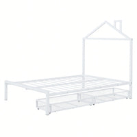 Stylish Full Size Metal Platform Bed With Storage Drawers And House-Shaped Headboard In White