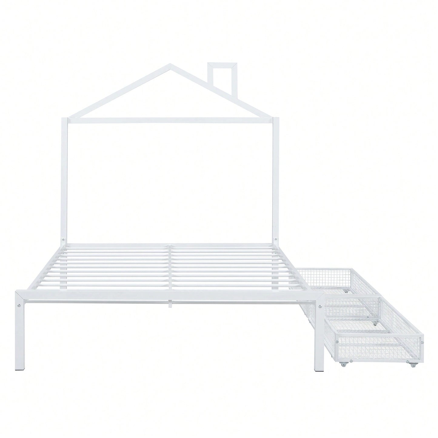 Stylish Full Size Metal Platform Bed With Storage Drawers And House-Shaped Headboard In White