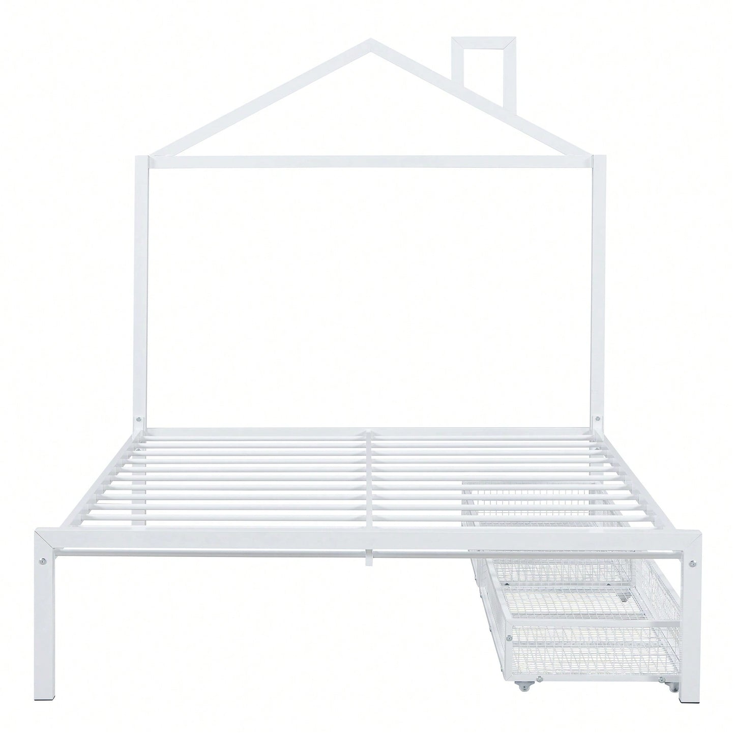 Stylish Full Size Metal Platform Bed With Storage Drawers And House-Shaped Headboard In White