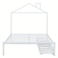 Stylish Full Size Metal Platform Bed With Storage Drawers And House-Shaped Headboard In White