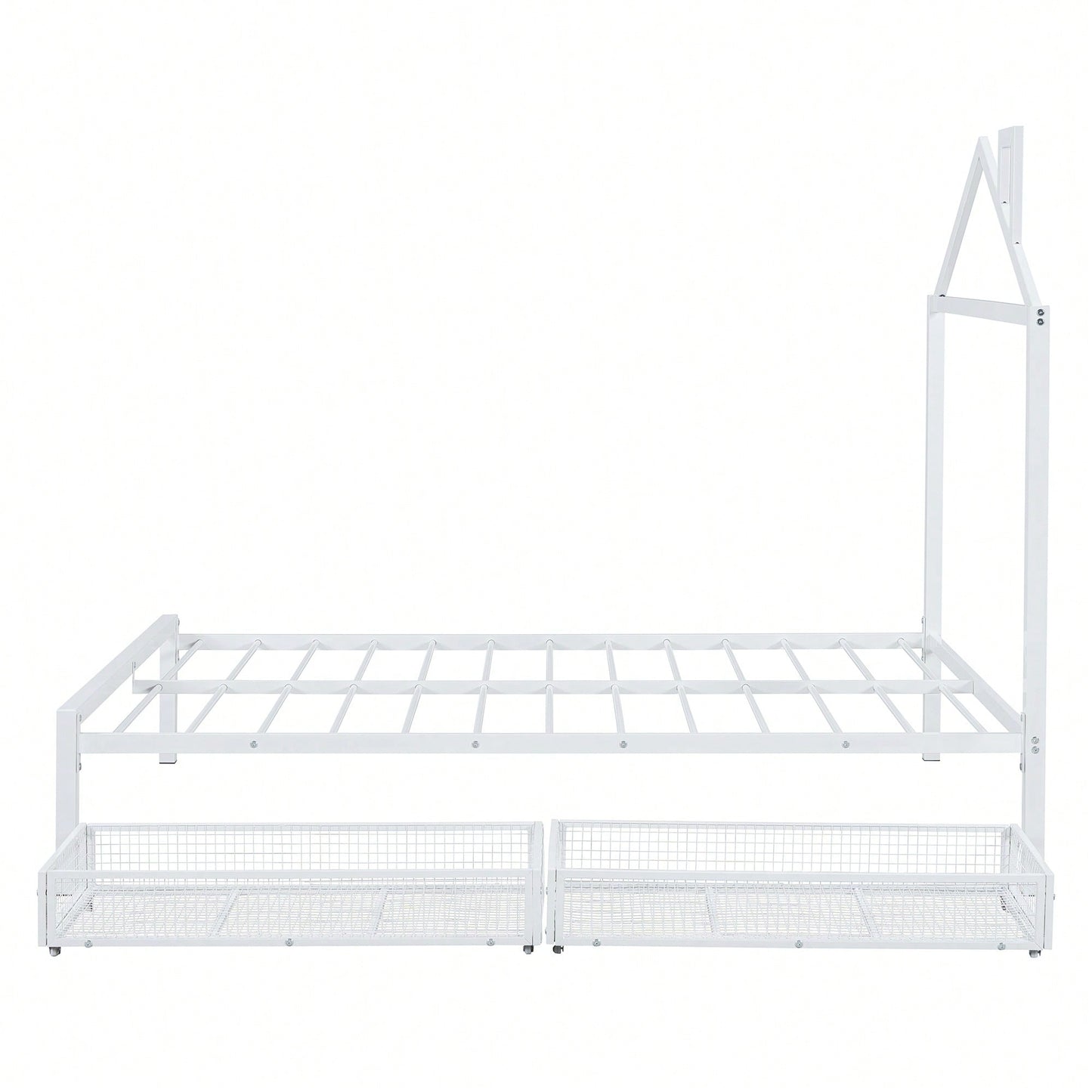 Stylish Full Size Metal Platform Bed With Storage Drawers And House-Shaped Headboard In White