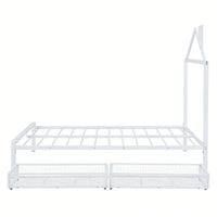 Stylish Full Size Metal Platform Bed With Storage Drawers And House-Shaped Headboard In White