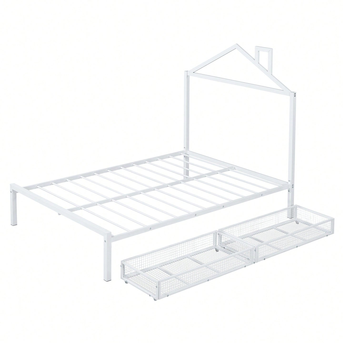 Stylish Full Size Metal Platform Bed With Storage Drawers And House-Shaped Headboard In White