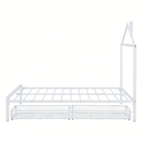 Stylish Full Size Metal Platform Bed With Storage Drawers And House-Shaped Headboard In White