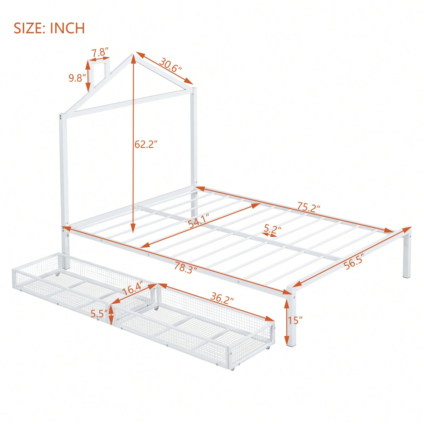 Stylish Full Size Metal Platform Bed With Storage Drawers And House-Shaped Headboard In White