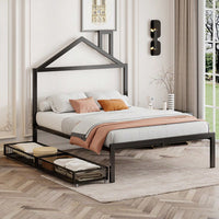 Stylish Full Size Metal Platform Bed With Storage Drawers And House-Shaped Headboard In White