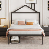 Stylish Full Size Metal Platform Bed With Storage Drawers And House-Shaped Headboard In White