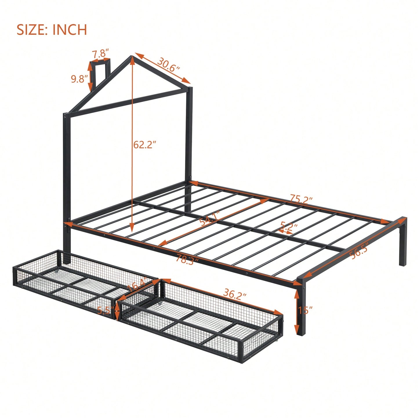 Stylish Full Size Metal Platform Bed With Storage Drawers And House-Shaped Headboard In White