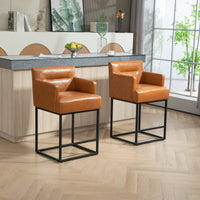 Set of 2 Modern Square Back Bar Stools with Black Metal Frame for Kitchen Island and Pub Brown PU Upholstered Seat
