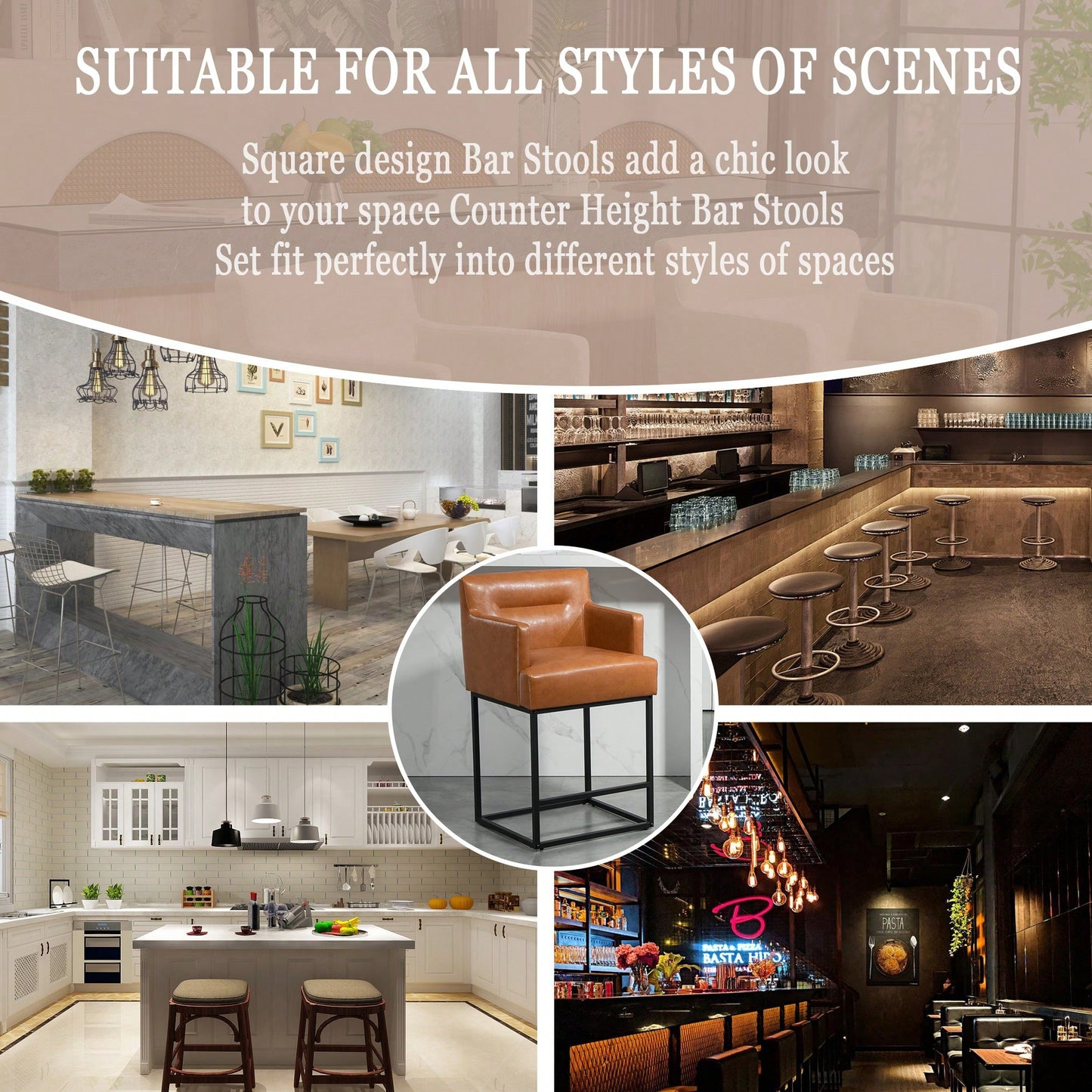 Set of 2 Modern Square Back Bar Stools with Black Metal Frame for Kitchen Island and Pub Brown PU Upholstered Seat