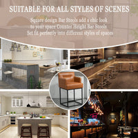 Set of 2 Modern Square Back Bar Stools with Black Metal Frame for Kitchen Island and Pub Brown PU Upholstered Seat