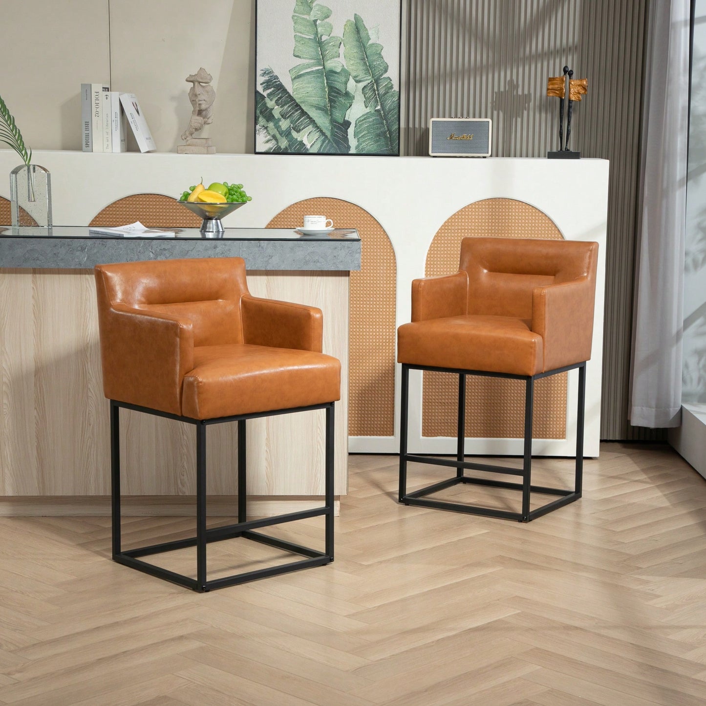 Set of 2 Modern Square Back Bar Stools with Black Metal Frame for Kitchen Island and Pub Brown PU Upholstered Seat
