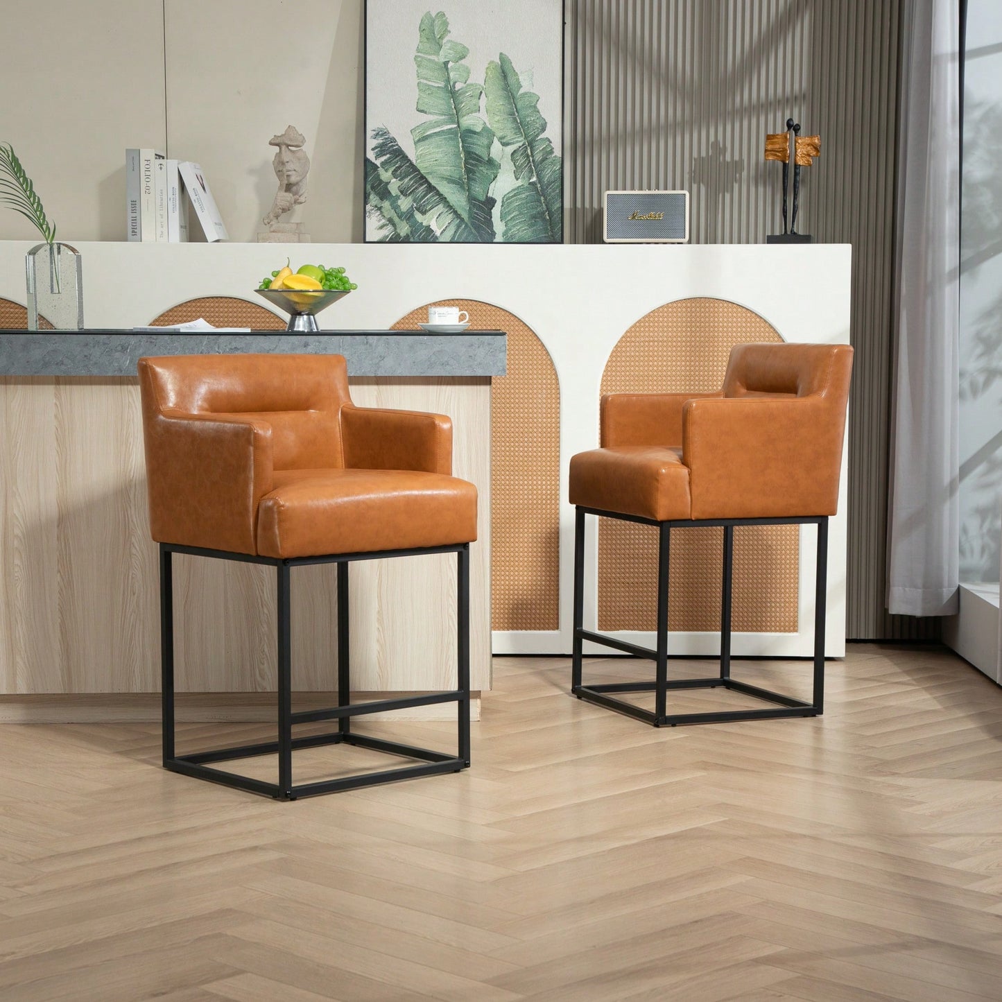 Set of 2 Modern Square Back Bar Stools with Black Metal Frame for Kitchen Island and Pub Brown PU Upholstered Seat