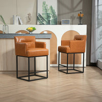 Set of 2 Modern Square Back Bar Stools with Black Metal Frame for Kitchen Island and Pub Brown PU Upholstered Seat