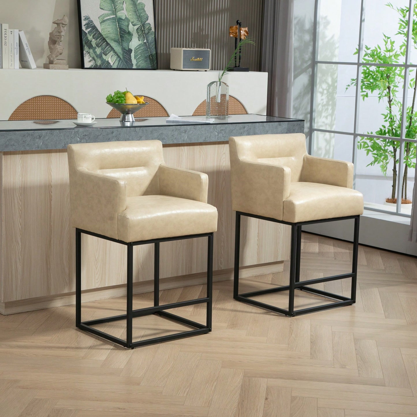 Set of 2 Modern Square Back Bar Stools with Black Metal Frame for Kitchen Island and Pub Brown PU Upholstered Seat