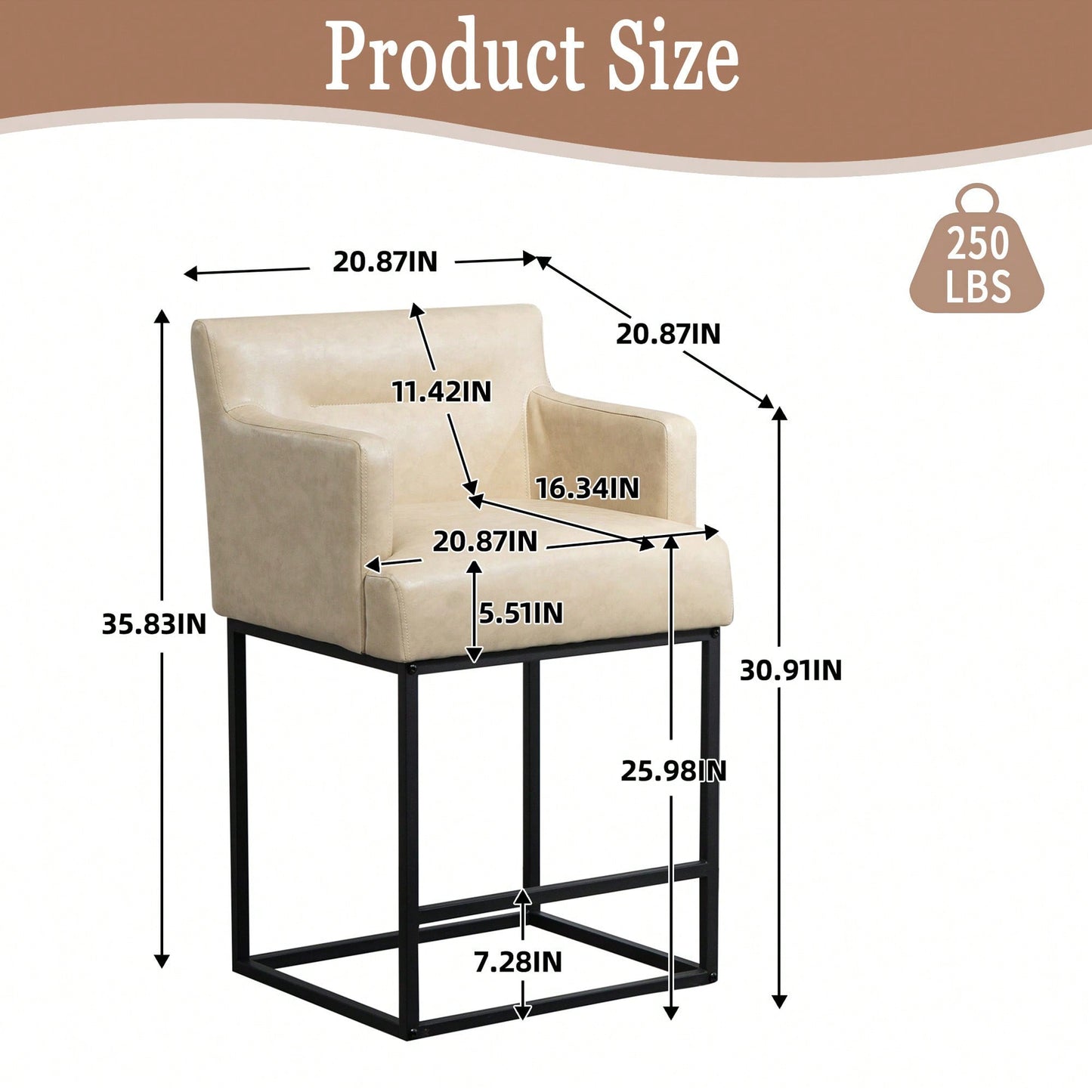 Set of 2 Modern Square Back Bar Stools with Black Metal Frame for Kitchen Island and Pub Brown PU Upholstered Seat