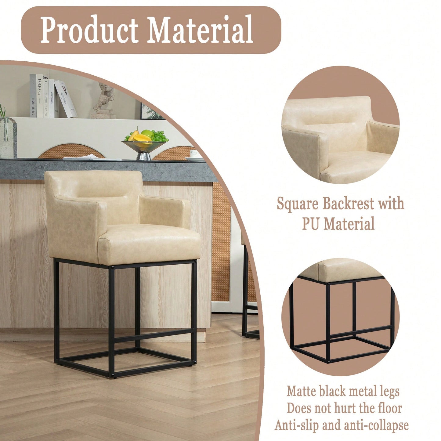 Set of 2 Modern Square Back Bar Stools with Black Metal Frame for Kitchen Island and Pub Brown PU Upholstered Seat