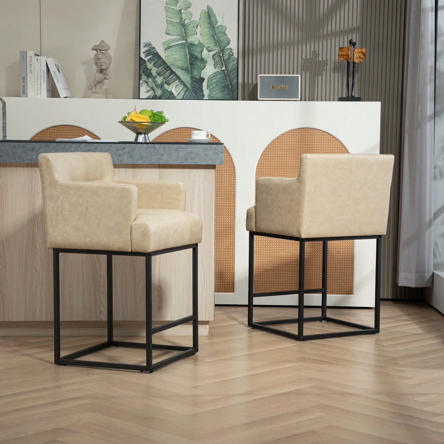 Set of 2 Modern Square Back Bar Stools with Black Metal Frame for Kitchen Island and Pub Brown PU Upholstered Seat