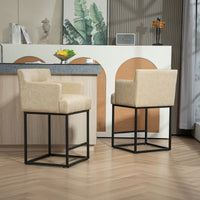 Set of 2 Modern Square Back Bar Stools with Black Metal Frame for Kitchen Island and Pub Brown PU Upholstered Seat