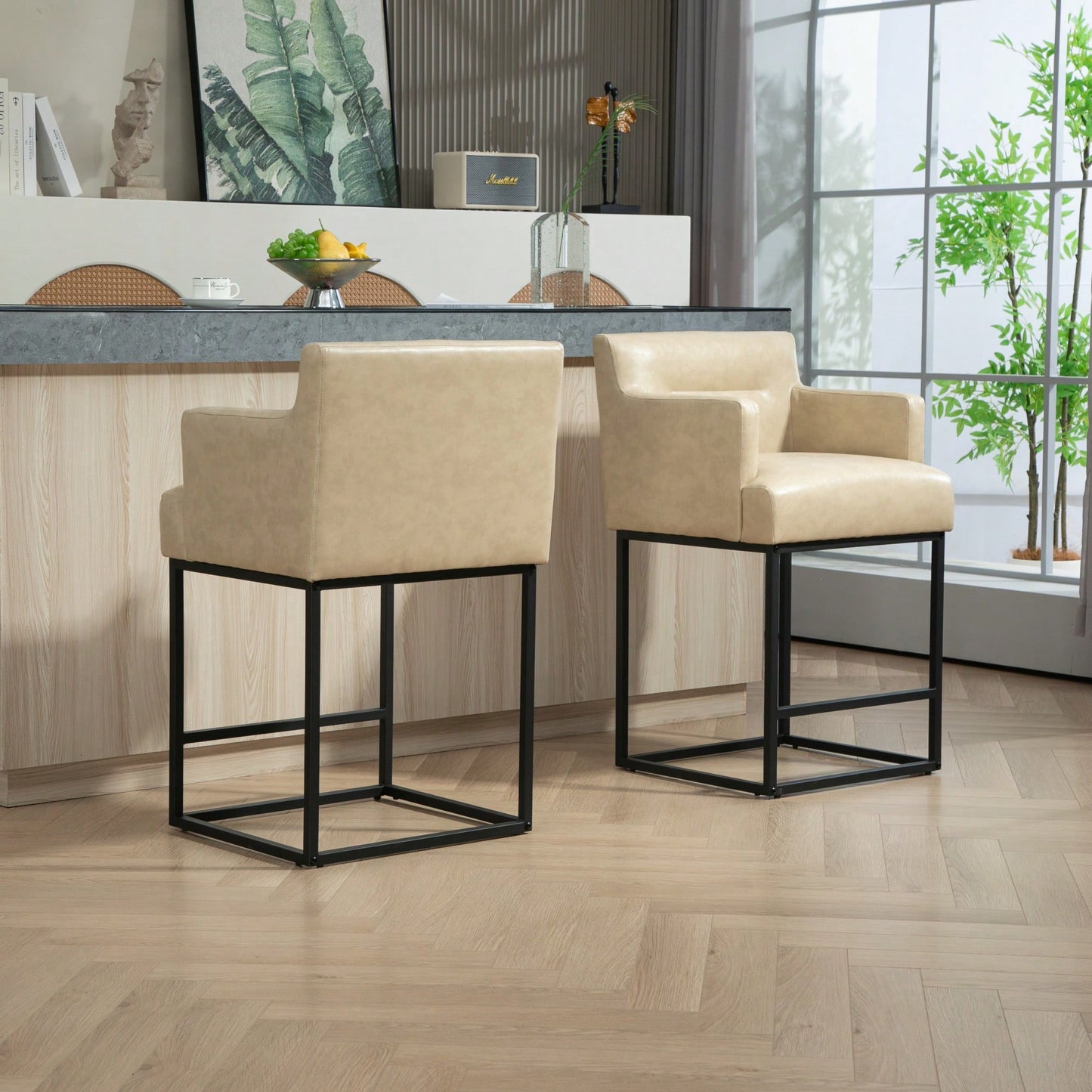 Set of 2 Modern Square Back Bar Stools with Black Metal Frame for Kitchen Island and Pub Brown PU Upholstered Seat