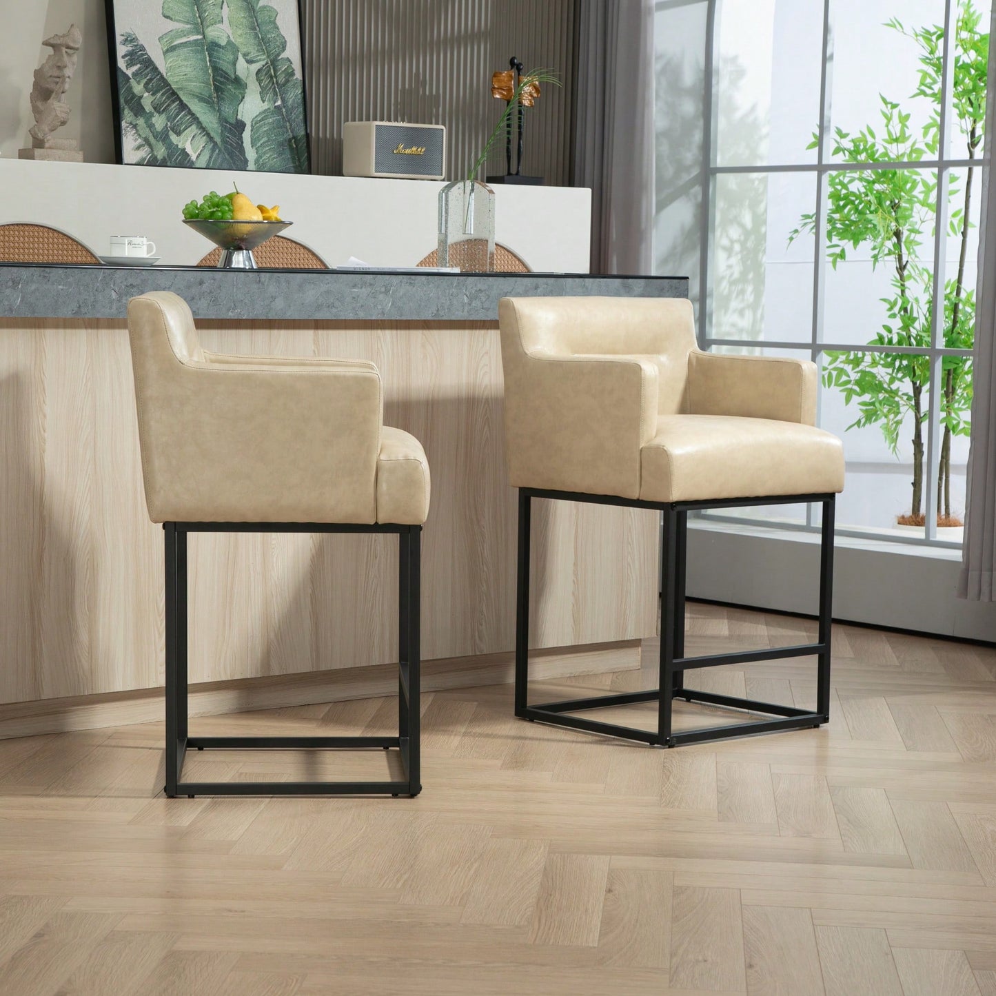 Set of 2 Modern Square Back Bar Stools with Black Metal Frame for Kitchen Island and Pub Brown PU Upholstered Seat