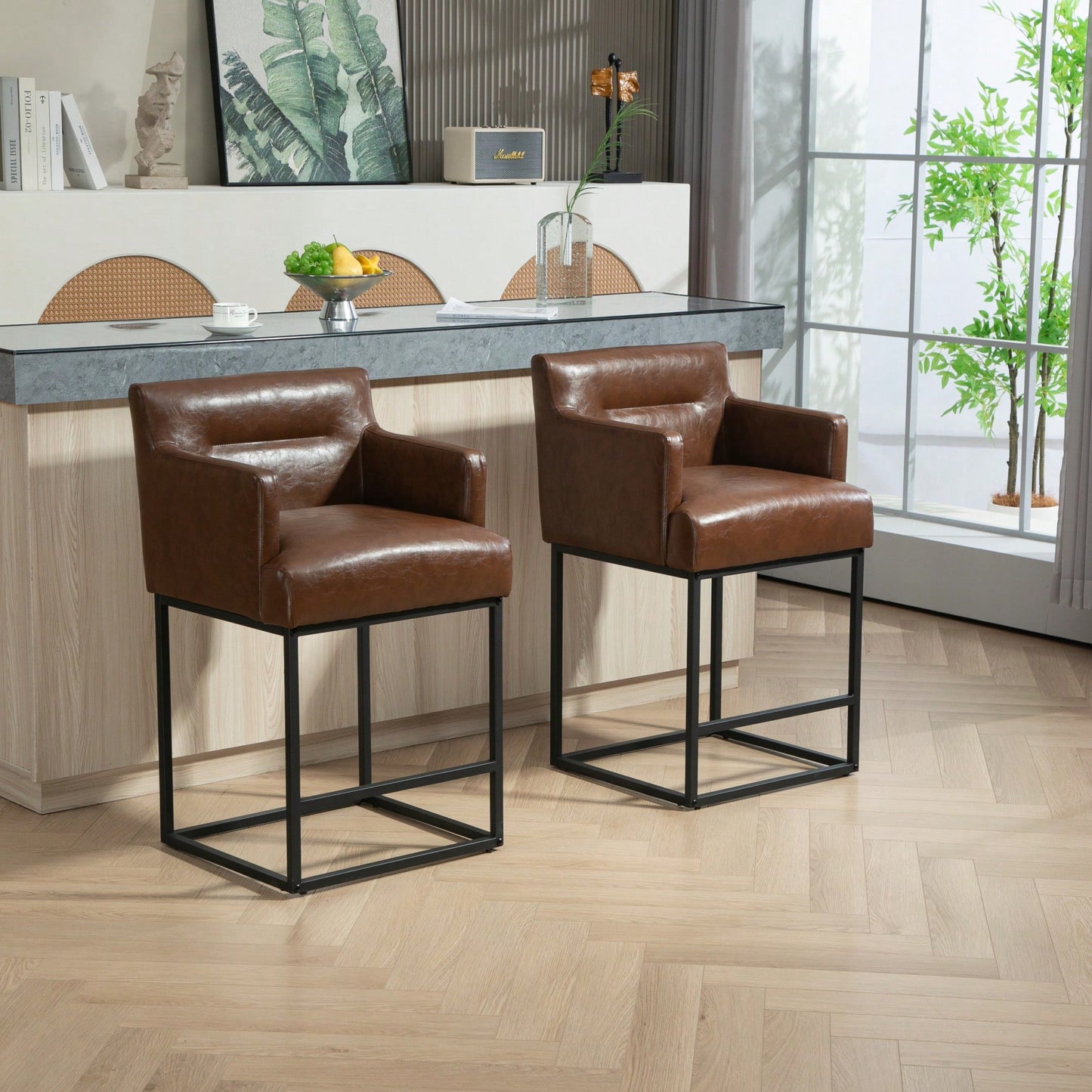 Set of 2 Modern Square Back Bar Stools with Black Metal Frame for Kitchen Island and Pub Brown PU Upholstered Seat