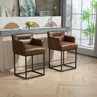 Set of 2 Modern Square Back Bar Stools with Black Metal Frame for Kitchen Island and Pub Brown PU Upholstered Seat