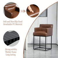 Set of 2 Modern Square Back Bar Stools with Black Metal Frame for Kitchen Island and Pub Brown PU Upholstered Seat