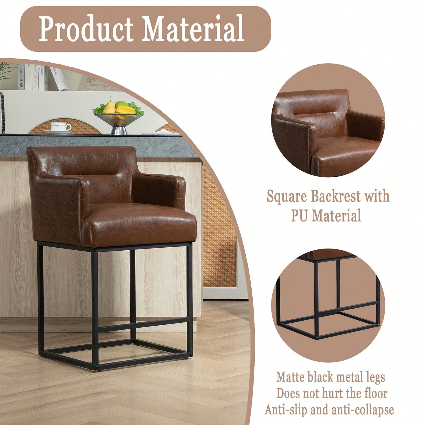 Set of 2 Modern Square Back Bar Stools with Black Metal Frame for Kitchen Island and Pub Brown PU Upholstered Seat
