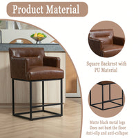 Set of 2 Modern Square Back Bar Stools with Black Metal Frame for Kitchen Island and Pub Brown PU Upholstered Seat